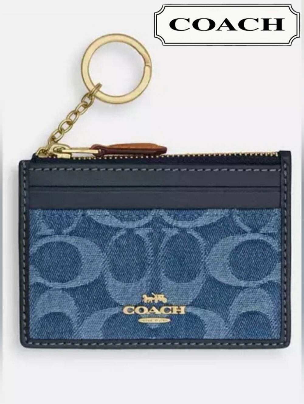 🔥COACH Mini Skinny ID Case In Signature Denim/Leather, Gold Hardware. NEW W/Tag